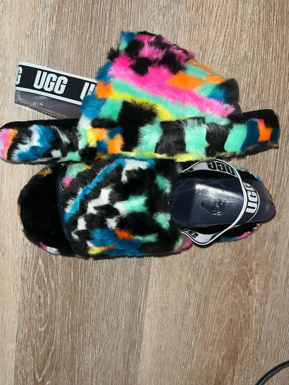 UGG Multicolor Faux-Fur Slide Sandals - Pink, Teal, Orange, Yellow & Black